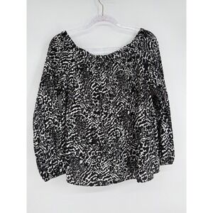 Michael Kors Womens Black White Animal Print Smocked Off Shoulder Blouse Sz M‎